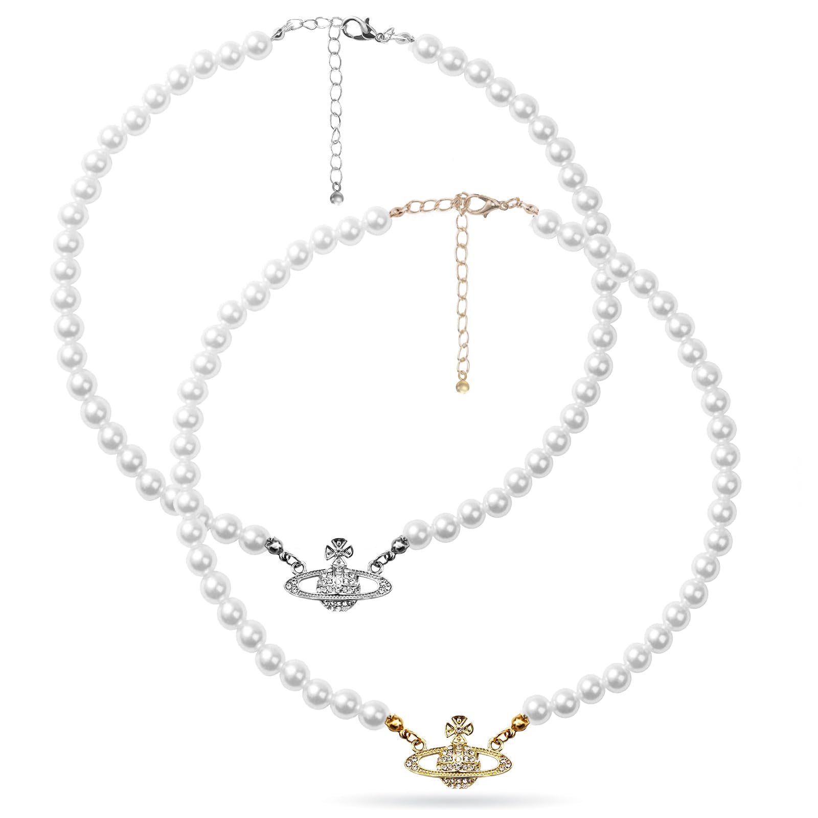 2PCS Saturn Artificial Rhinestone Pearl Necklace Set White Crystal Jewelry Lady Charm Lady Girlfriend Wedding Birthday Anniversary