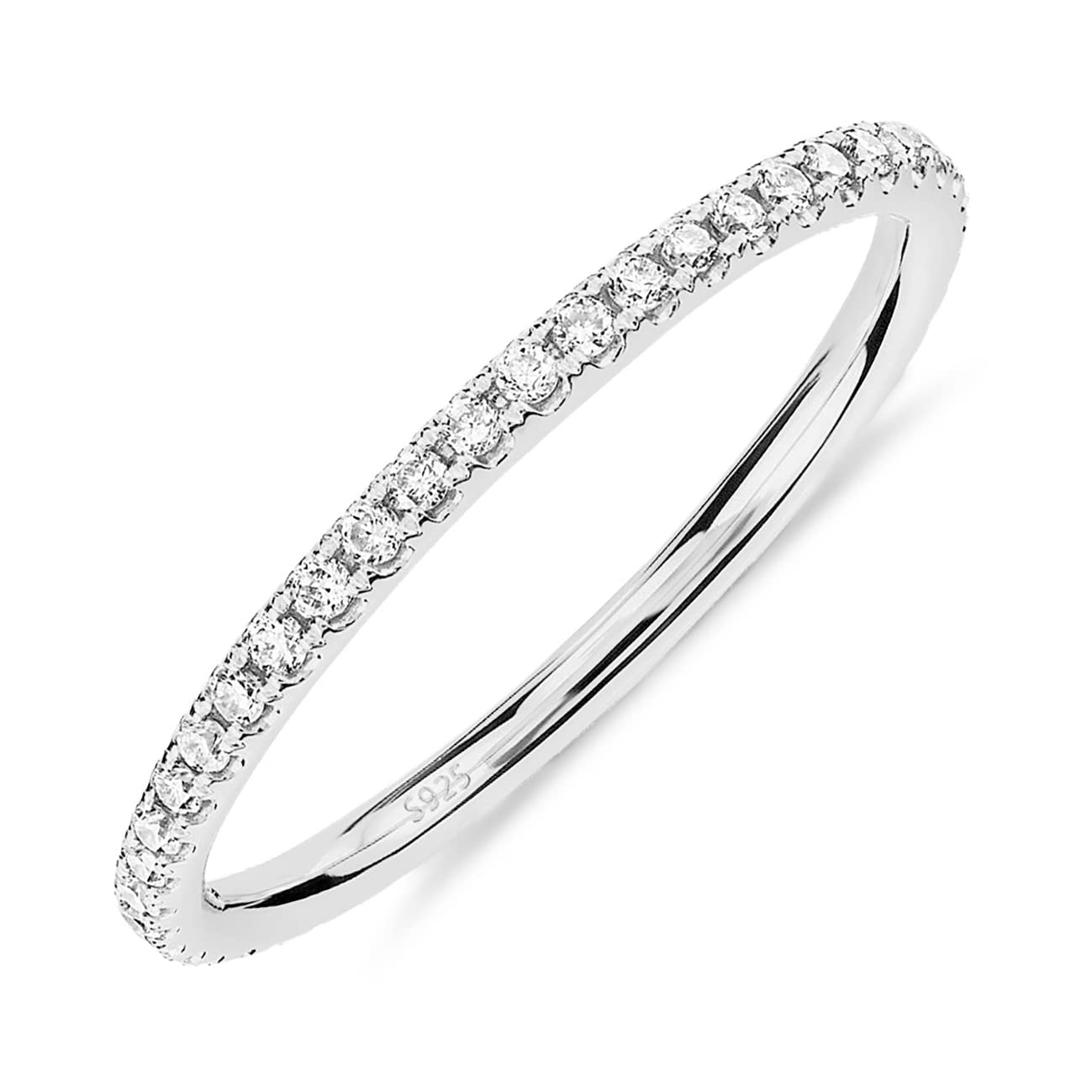 Decent Rhodium Plated 925 Sterling Silver Stackable CZ Ring for Women | Thin Band for Stacking | Simulated Diamond Eternity Wedding Band | Size 7